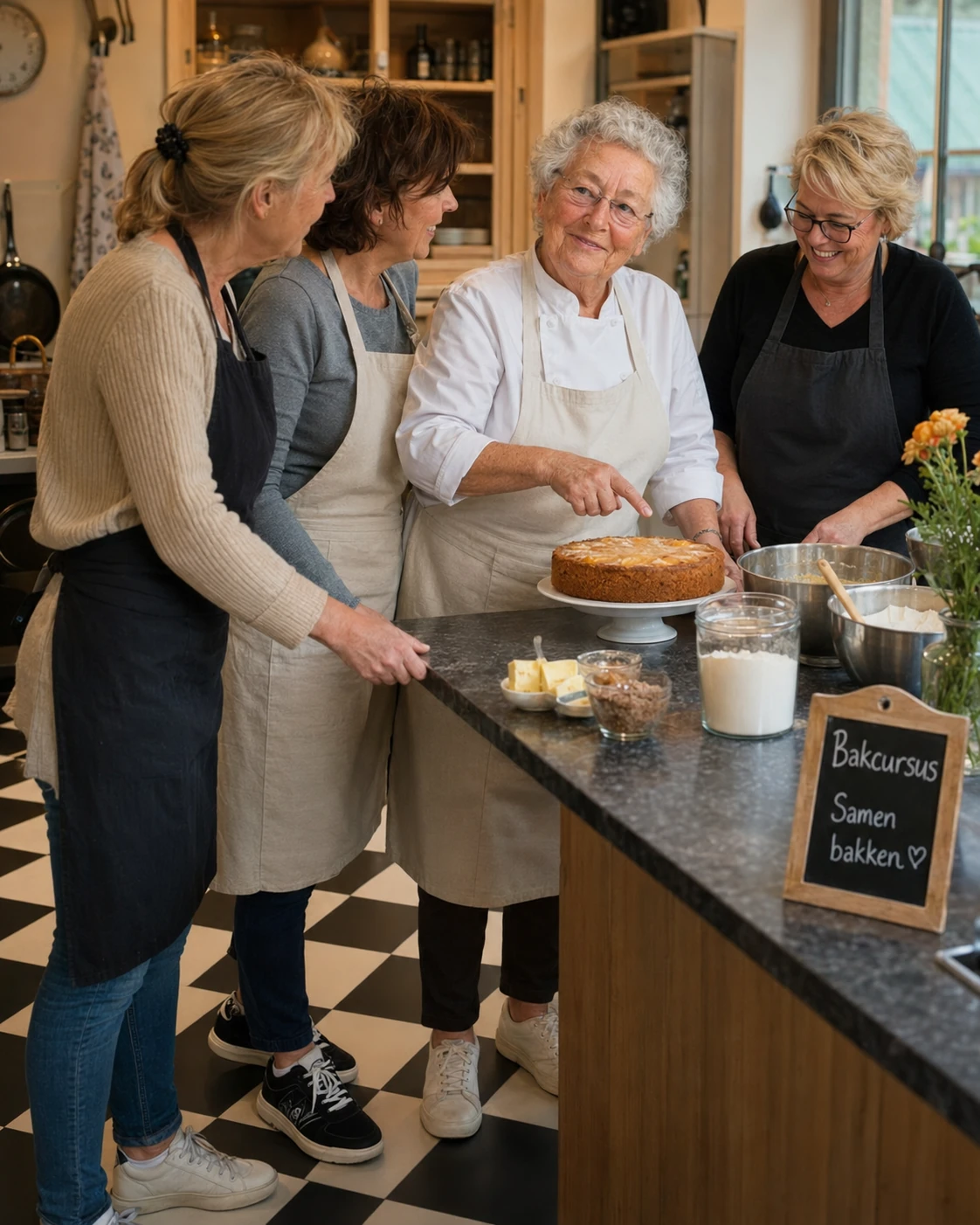 Babcia Krystyna prowadzi kurs pieczenia, dzieląc się wiedzą z uczniami