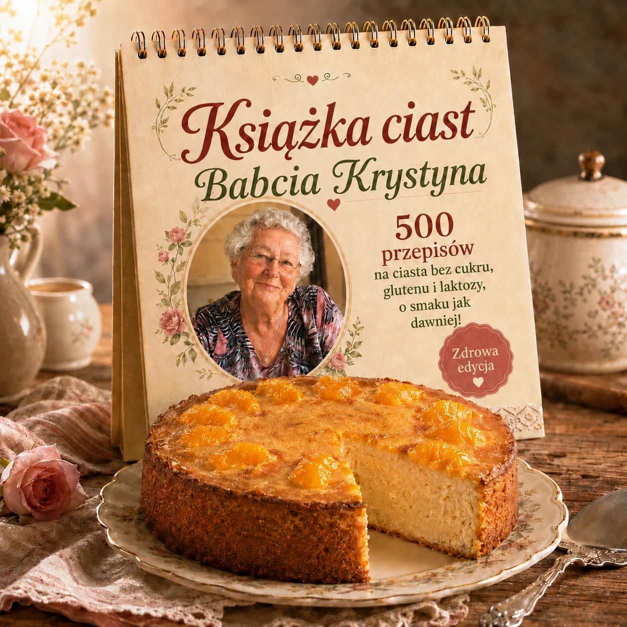 Książka z Przepisami Babcia Krystyna obok domowego ciasta