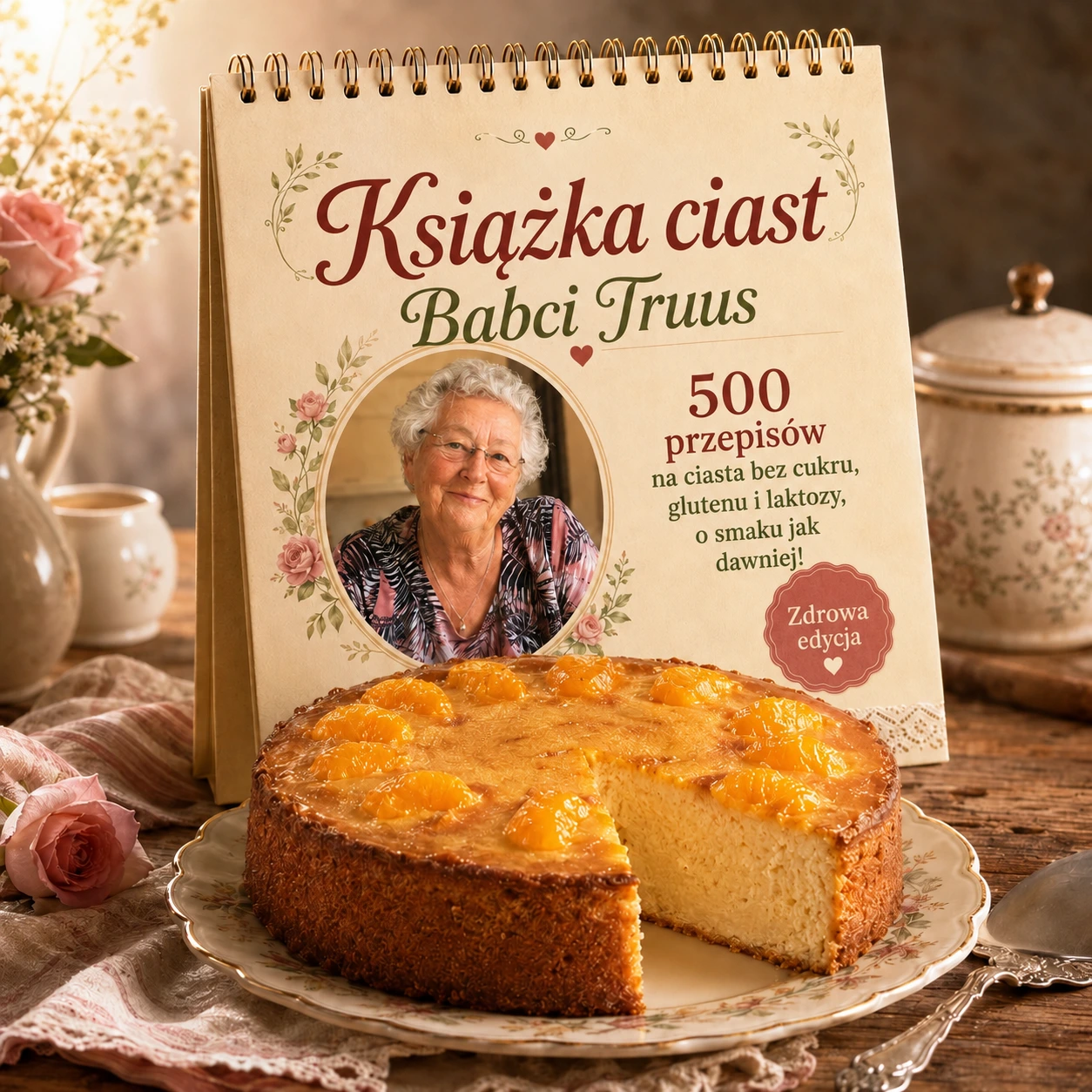 Książka z Przepisami Babcia Krystyna obok domowego ciasta